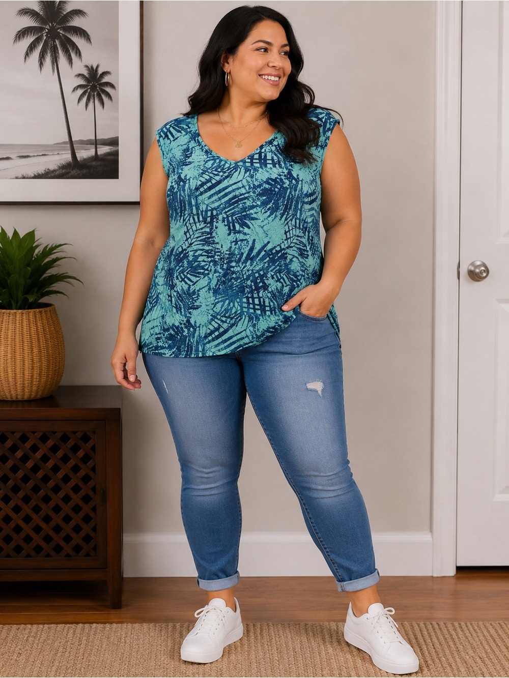 Women’s XL Aqua & Navy Tropical Print V-Neck Sleeveless Top